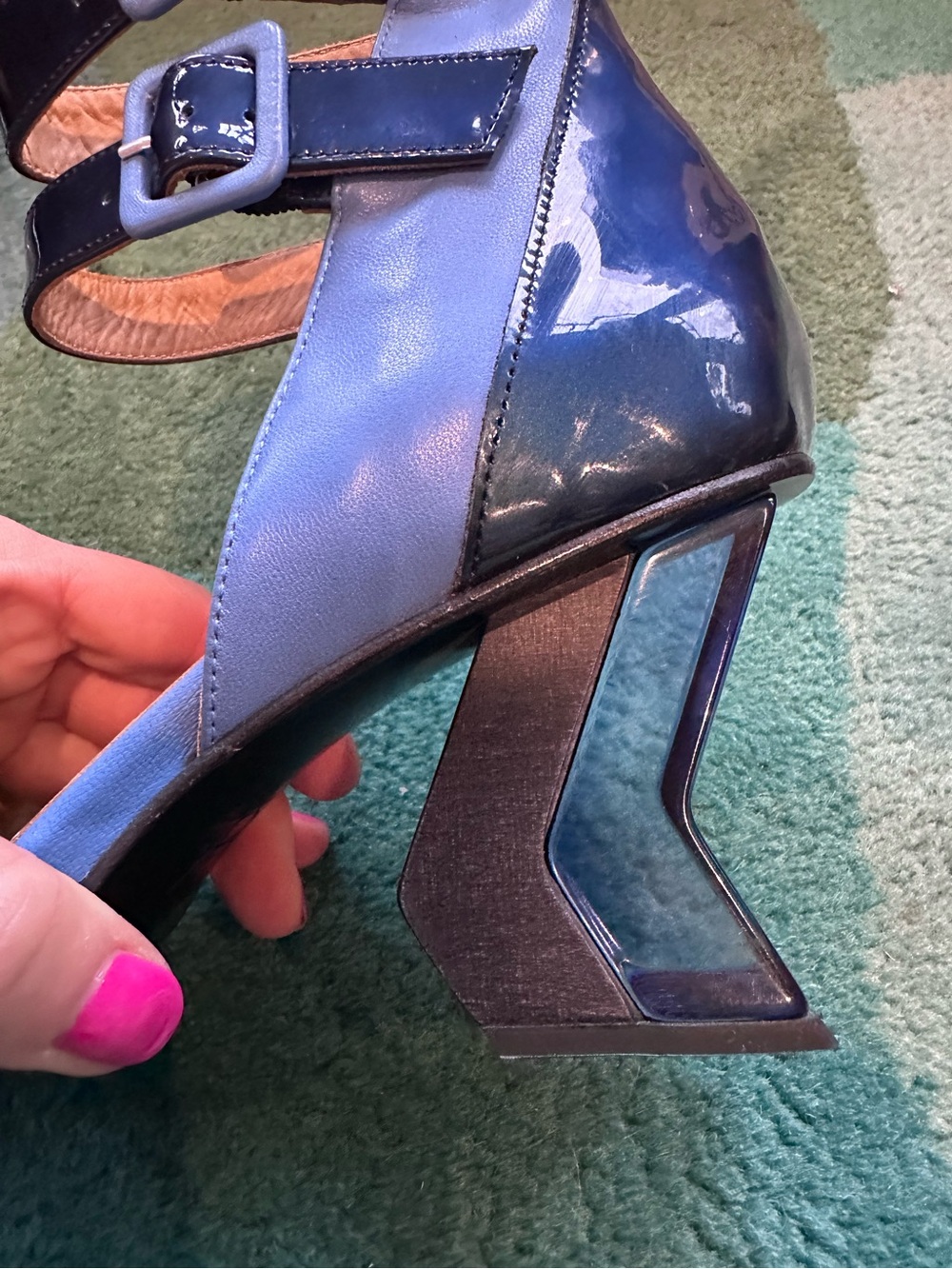 Fluevog LIKE NEW Modern Living Slant blue/patent 2-strap buckle heel-9.5 (fit 9) - Picture 12 of 15